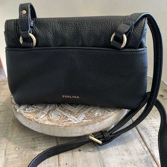 PERLINA CLAIR GENUINE PEBBLED SOFT BLACK LEATHER CROSSBODY BAG PURSE - Picture 4 of 15